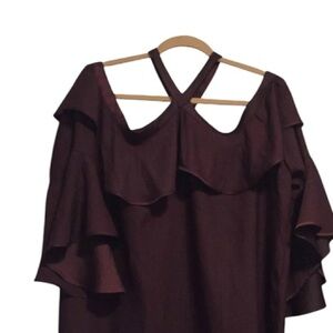 Ann Taylor Loft XL plum or wine colored cold shoulder blouse 3/4 flutter sleeve